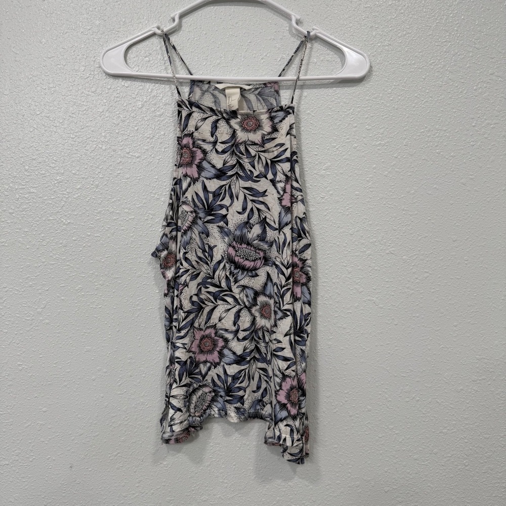 HM Women Floral High Neck Camisole Tank Top Pink‎ Blue Viscose Size L QL3
